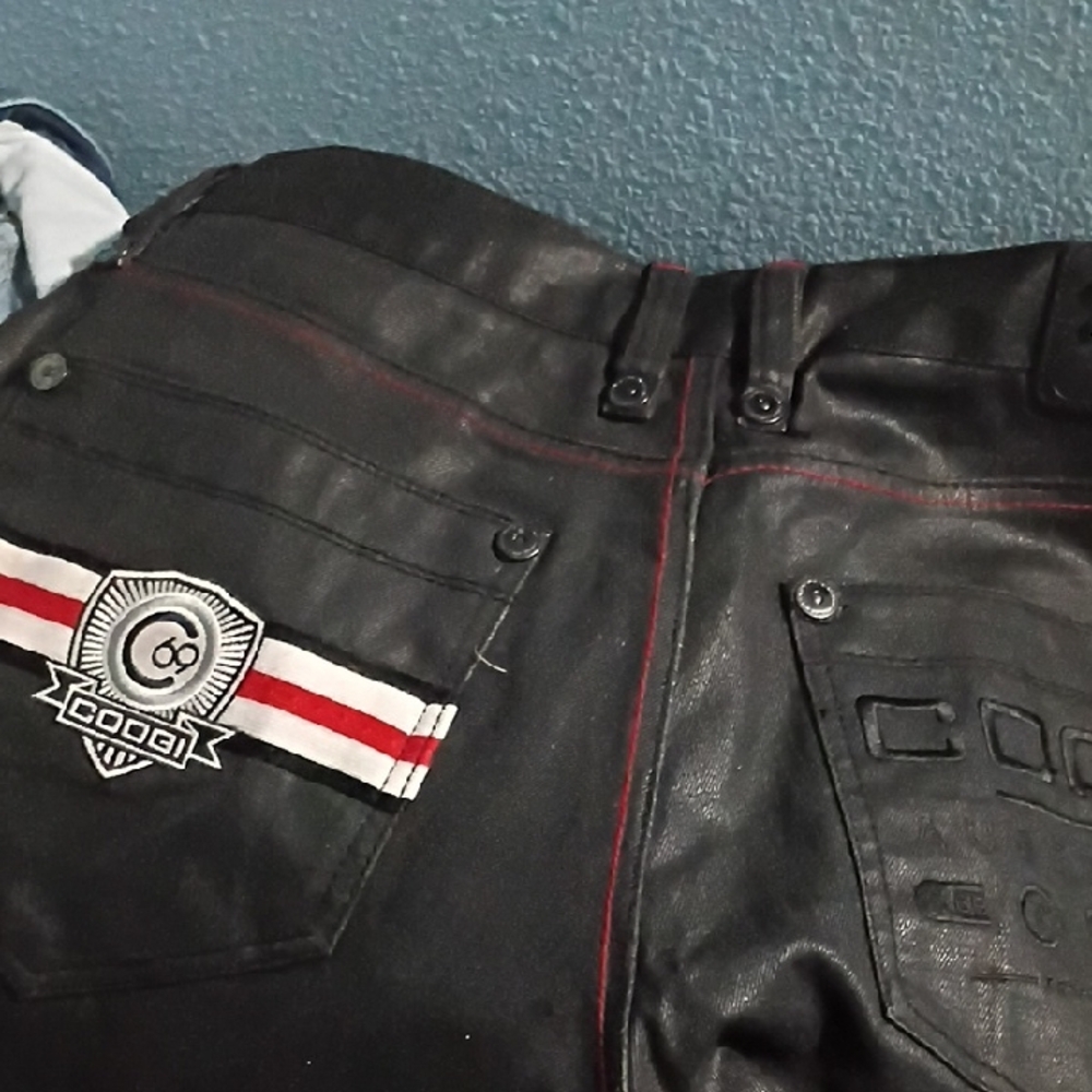 COOGI Black Leather Pants with Red and White Details